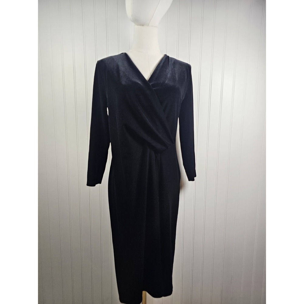 Talbots Faux Wrap Dress Black Velvet 3/4 Sleeve V-Neck Sheath SZ L Party Evening